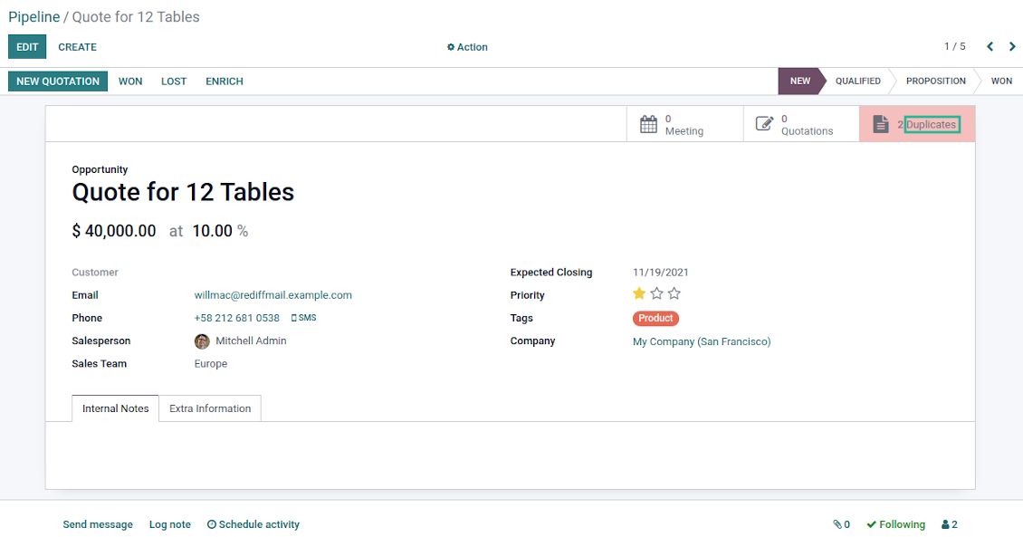 Potential Odoo leads/opportunities duplicates
