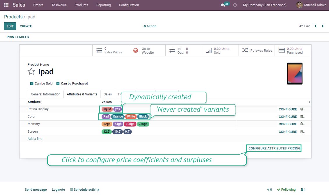 Odoo product template base price and attributes configuration