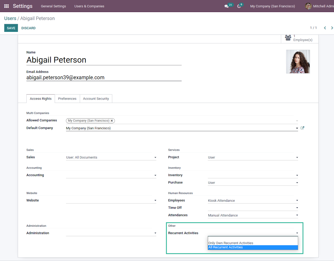 Odoo user rights for security activities