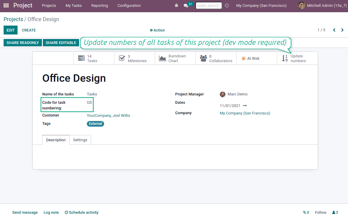 Project code in tasks sequence
