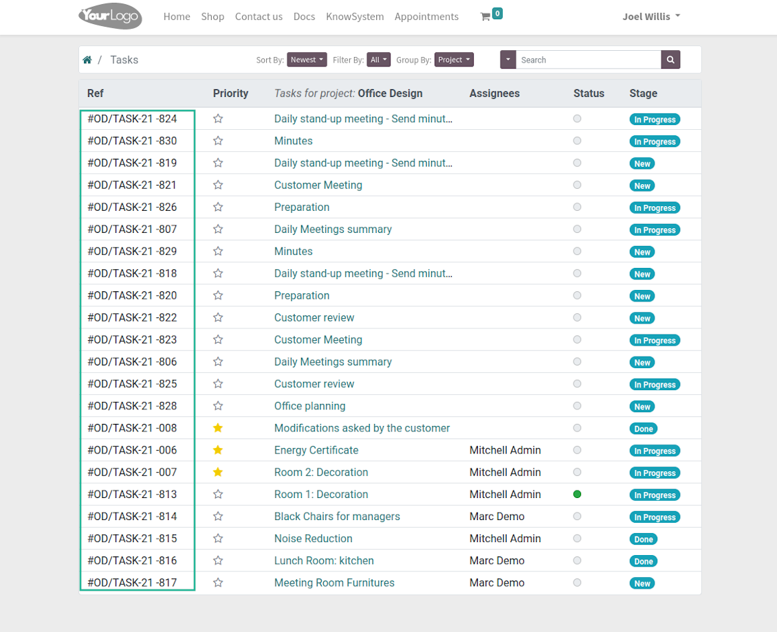 Portal list of tasks numbering