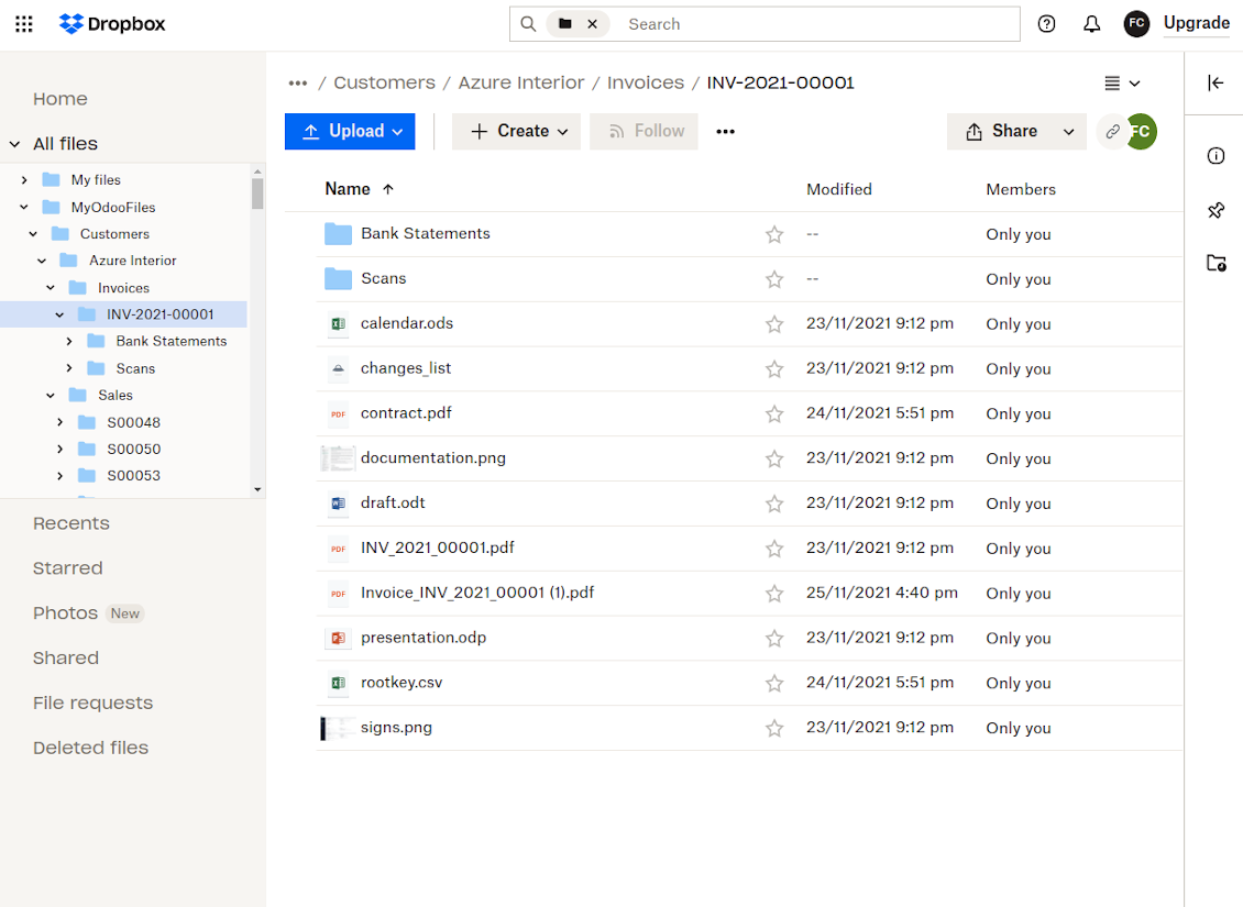 Dropbox files from Odoo attachments