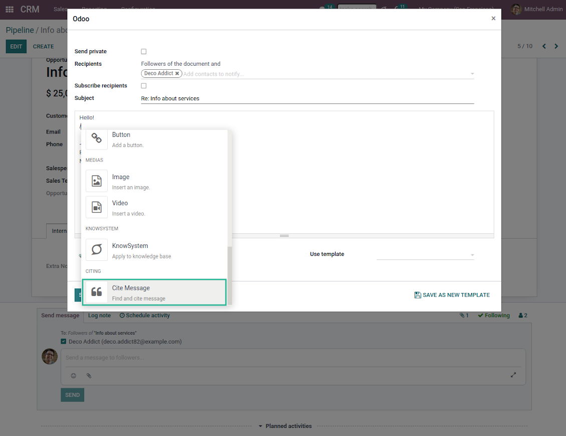 Odoo email composer quick link