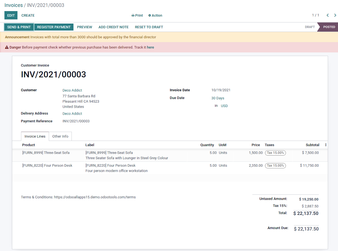 Odoo invoices warnings