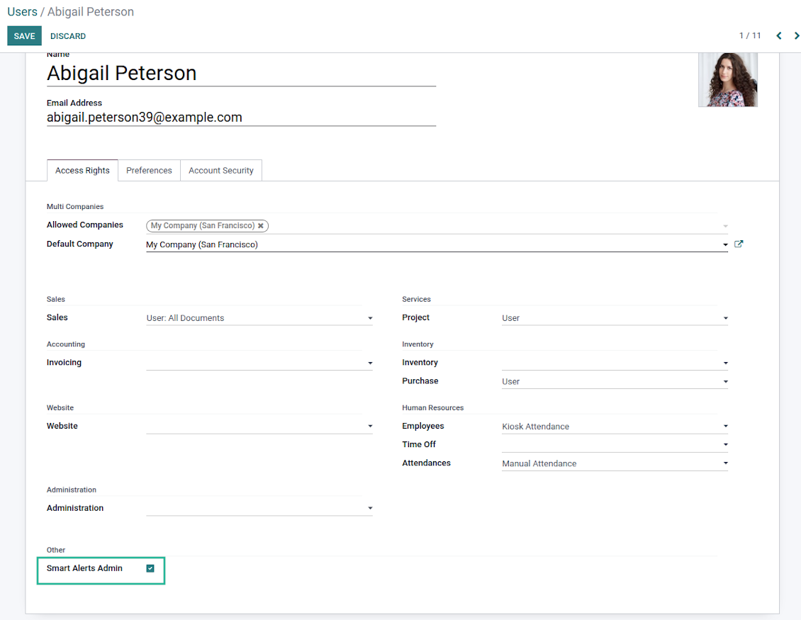Odoo Alarms security group