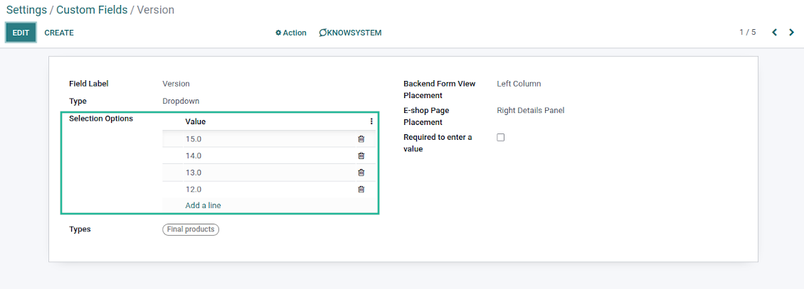 Selection fields for product templates