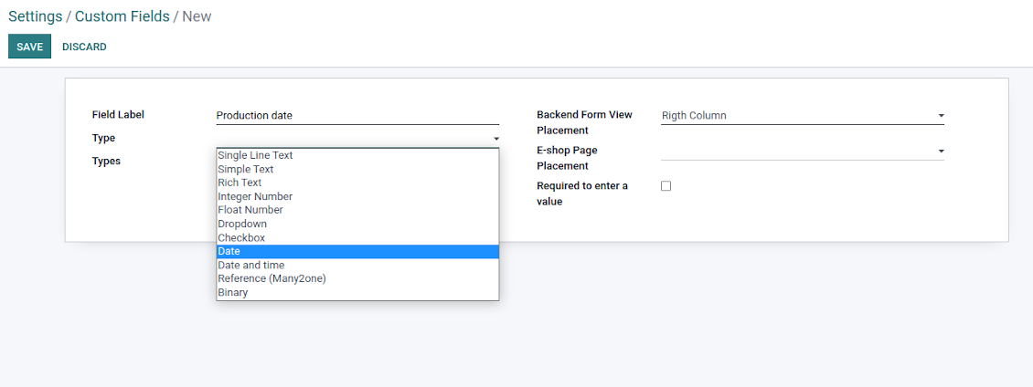 Field types for custom products