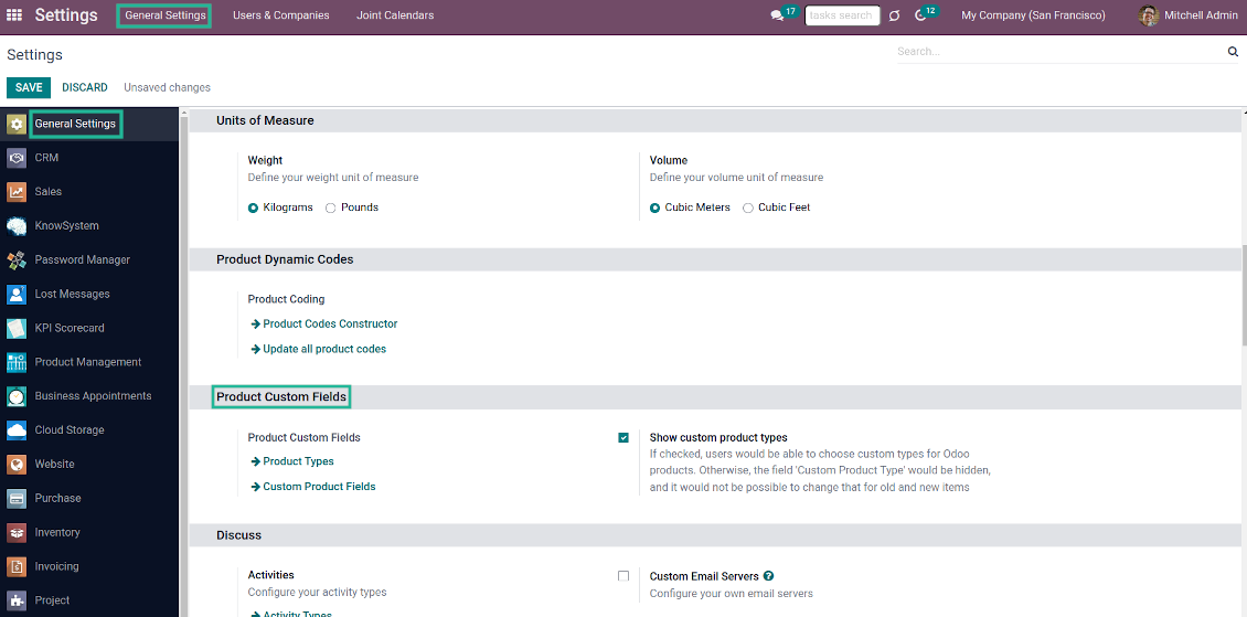Configuration page for custom fields of products