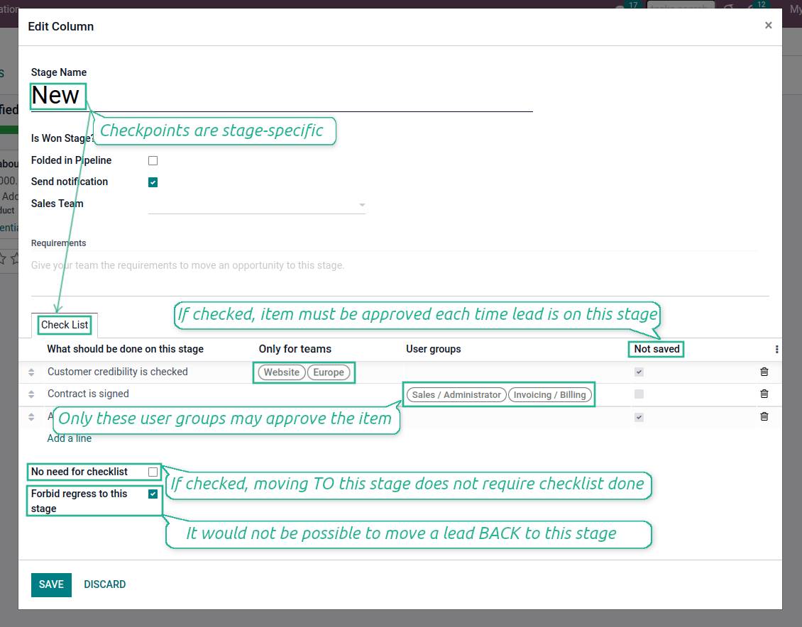 Check items per lead stage