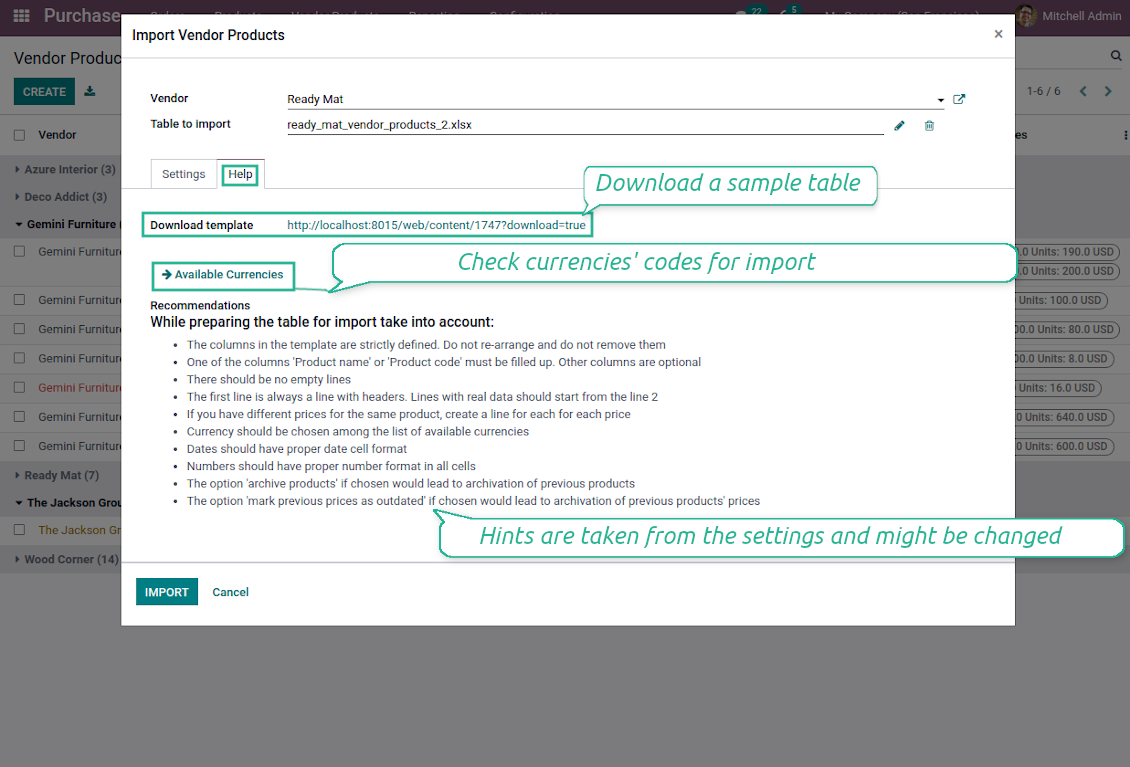 Help and hints in vendor prices' import
