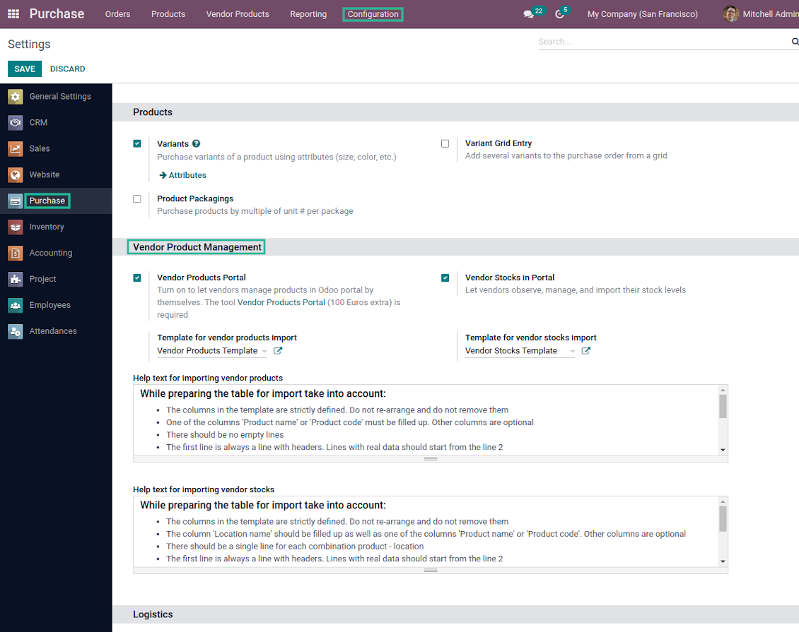 Vendor import settings