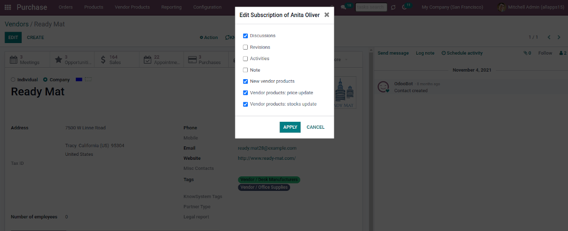 Odoo vendor product-related subscriptions