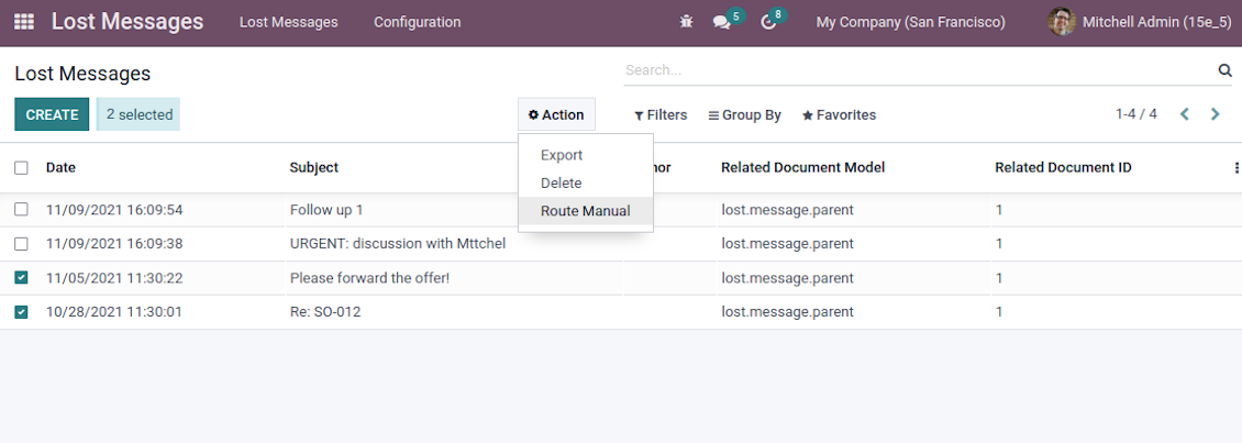 Odoo unattached messages tree and menu