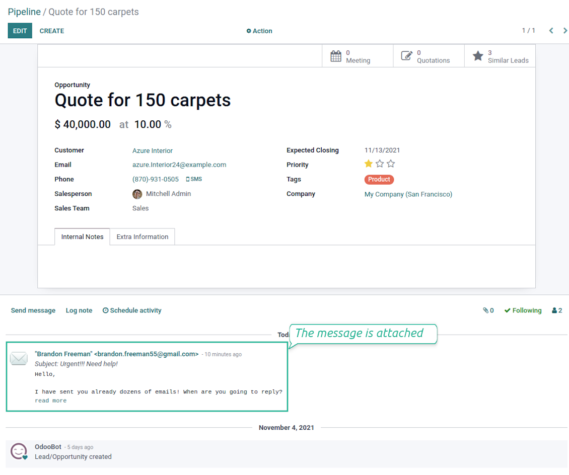 Odoo target object with lost messages