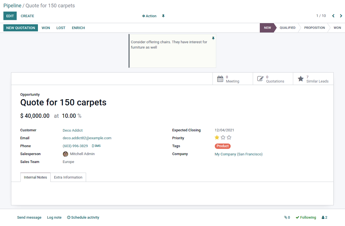 Odoo opportunities/leads stickers