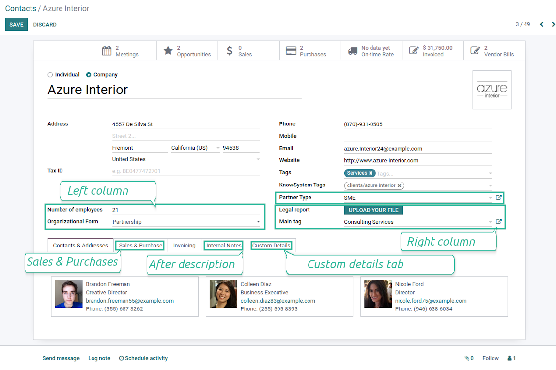 Customized form view of contacts