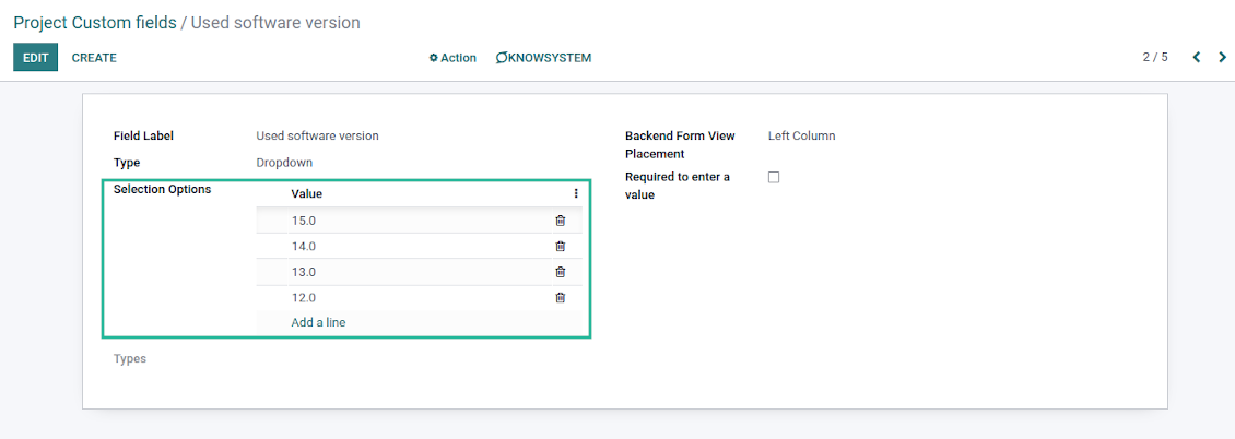 Selection fields for projects