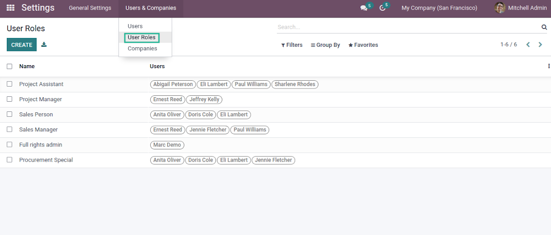 Odoo user roles overview