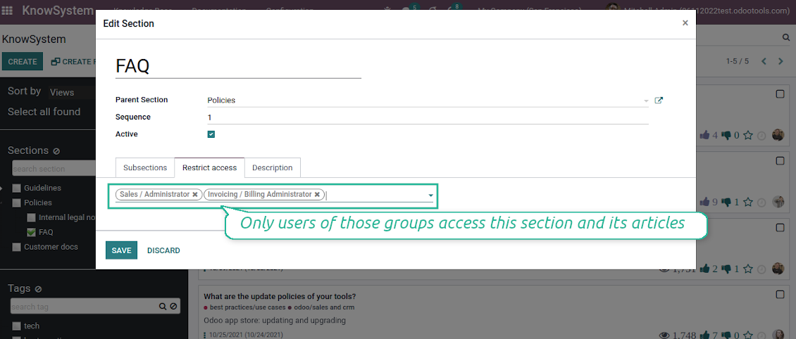 Odoo knowledge base system sections