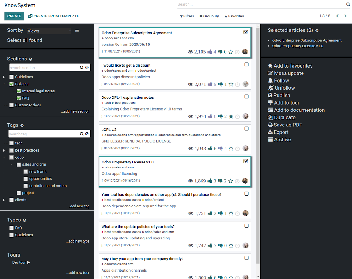 Odoo knowledge system mass actions for selected articles