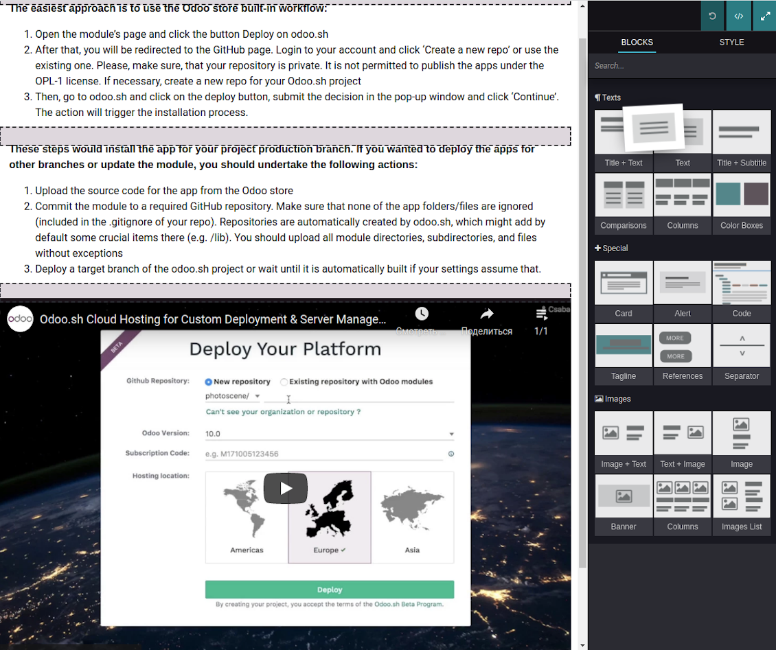 Drag and drop Odoo blocks to construct an article