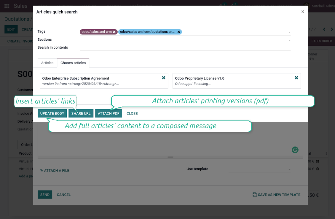 Odoo composer link articles to messages