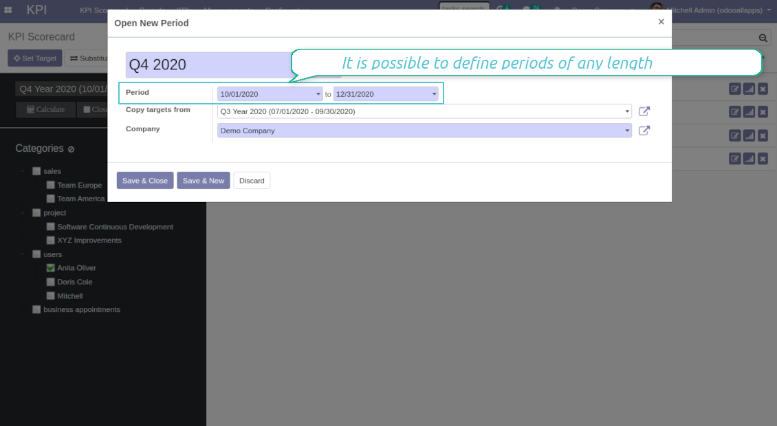 Create new period to set KPI targets
