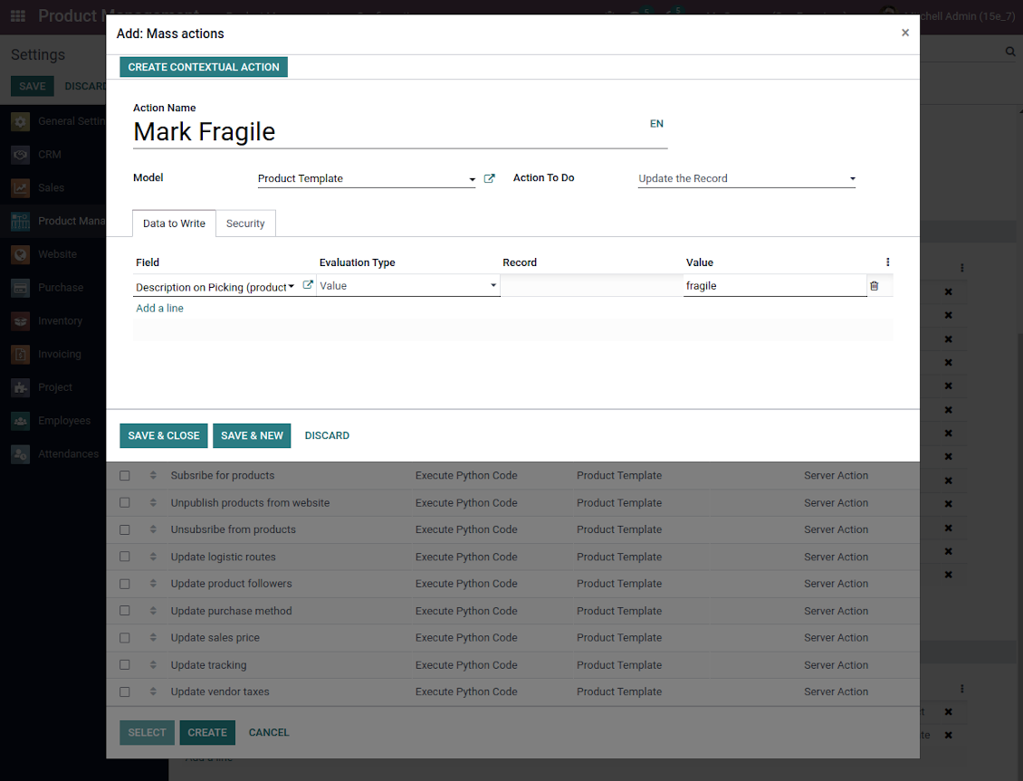 Odoo server action for product templates