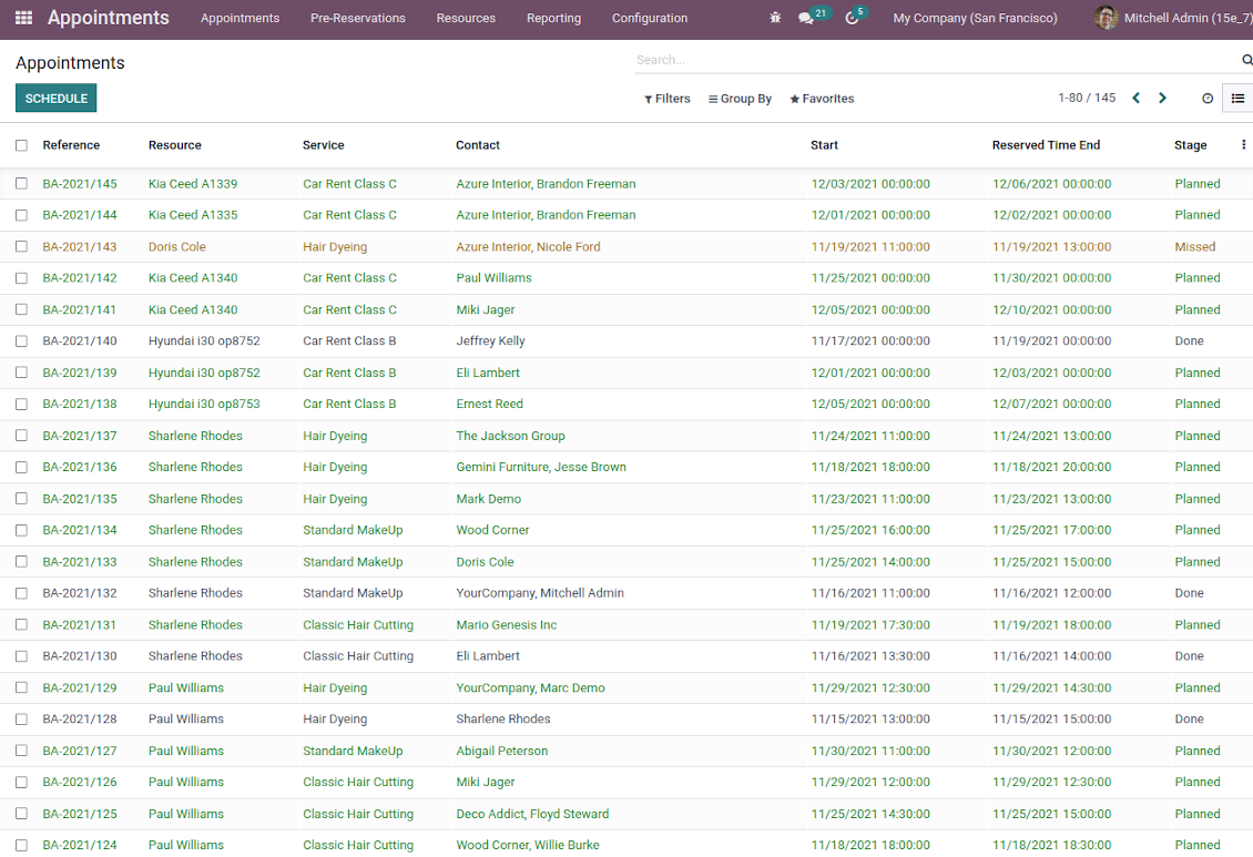 Bookings: Odoo list view