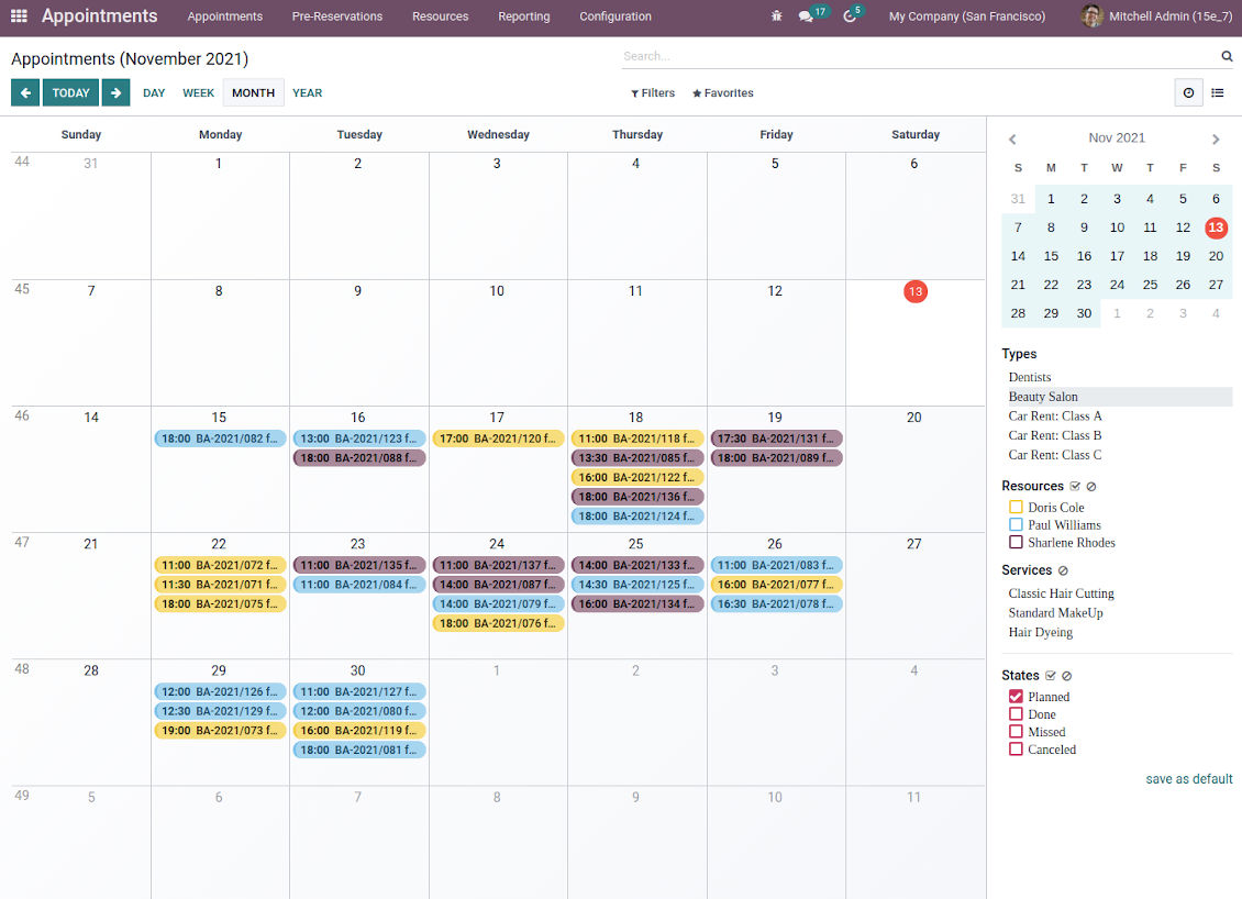 Appointments planning calendar in Odoo