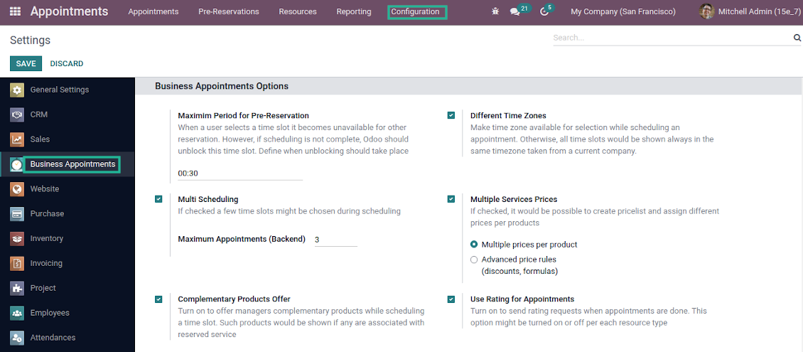 Configuration page: main options