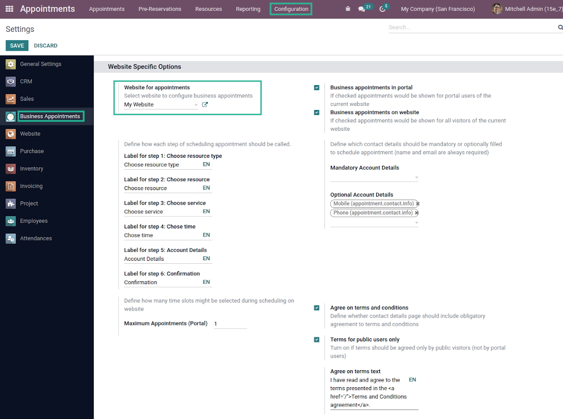 Configuration page: website-specific options