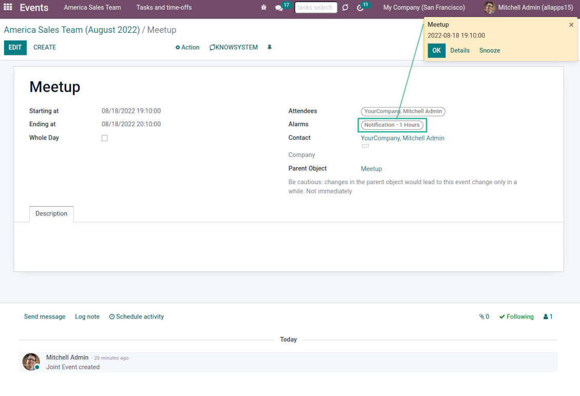 Popup and email alarms for Odoo objects