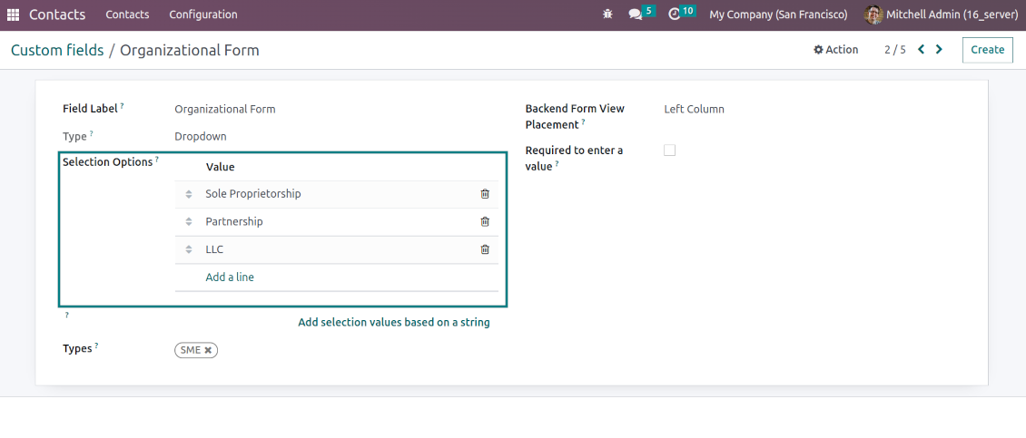 Selection fields for Odoo contacts