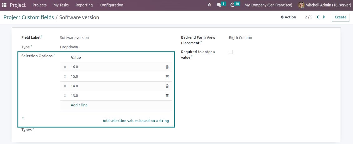 Selection fields for projects