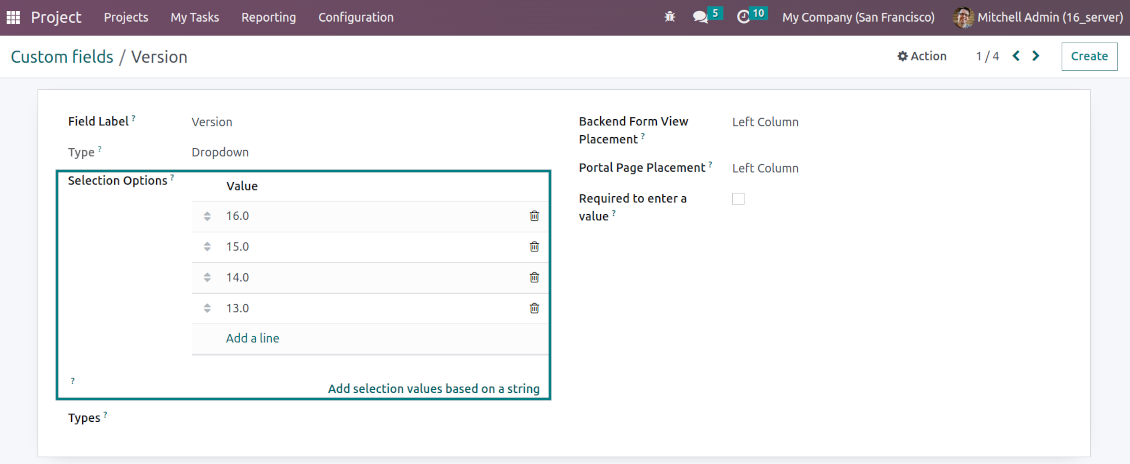 Selection fields for tasks