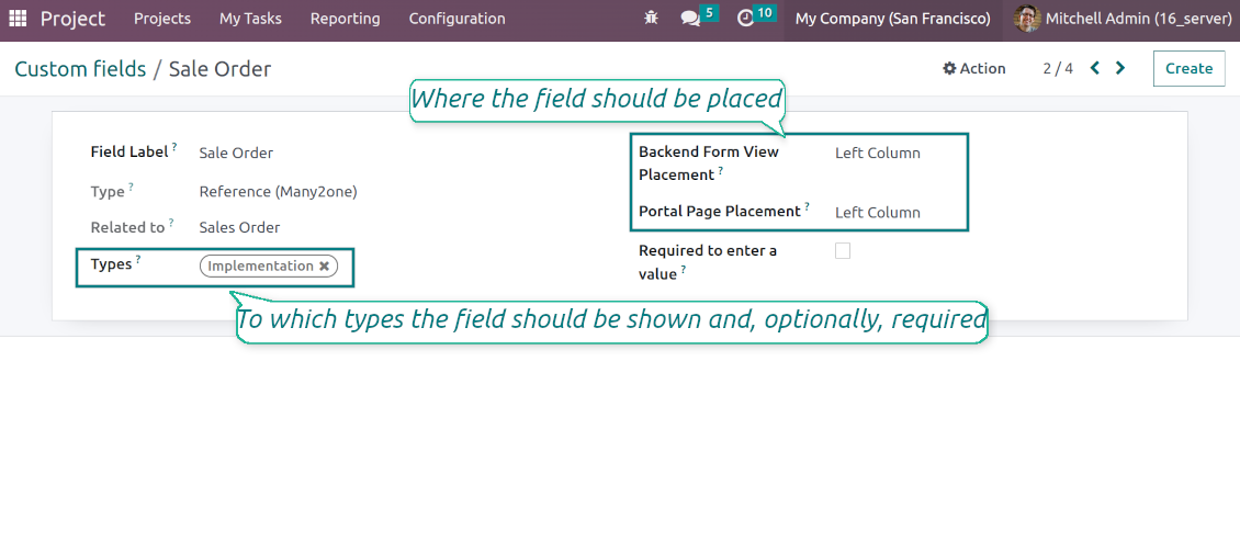 Custom fields depend on the Odoo task type
