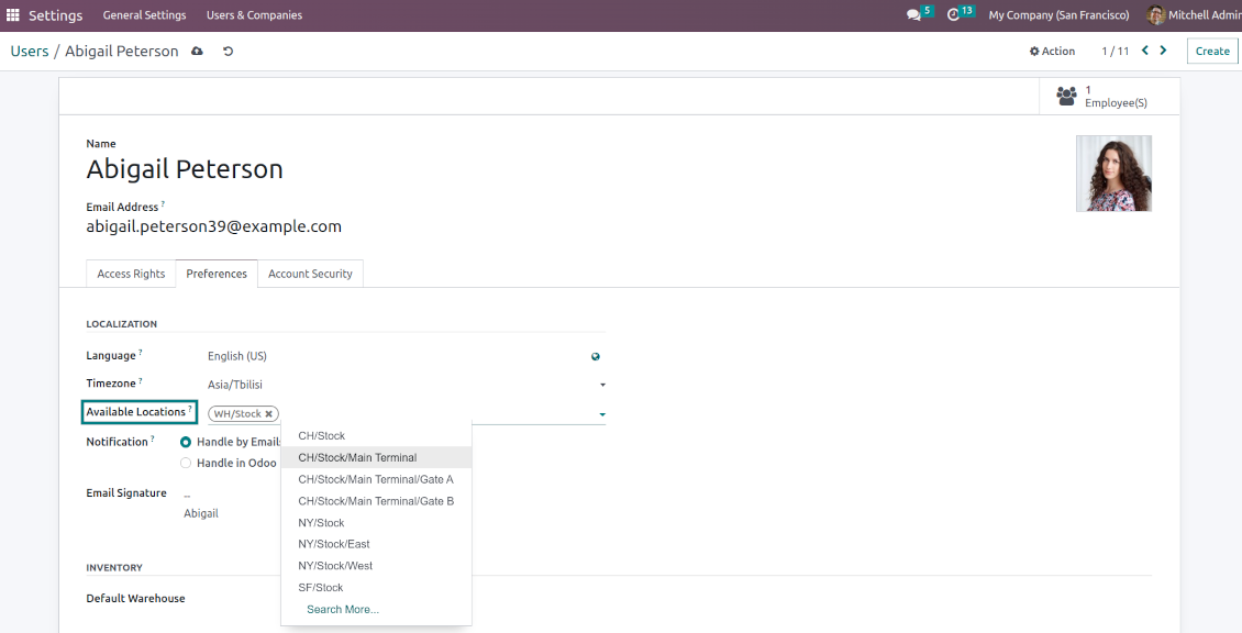 Available Odoo locations on a user form