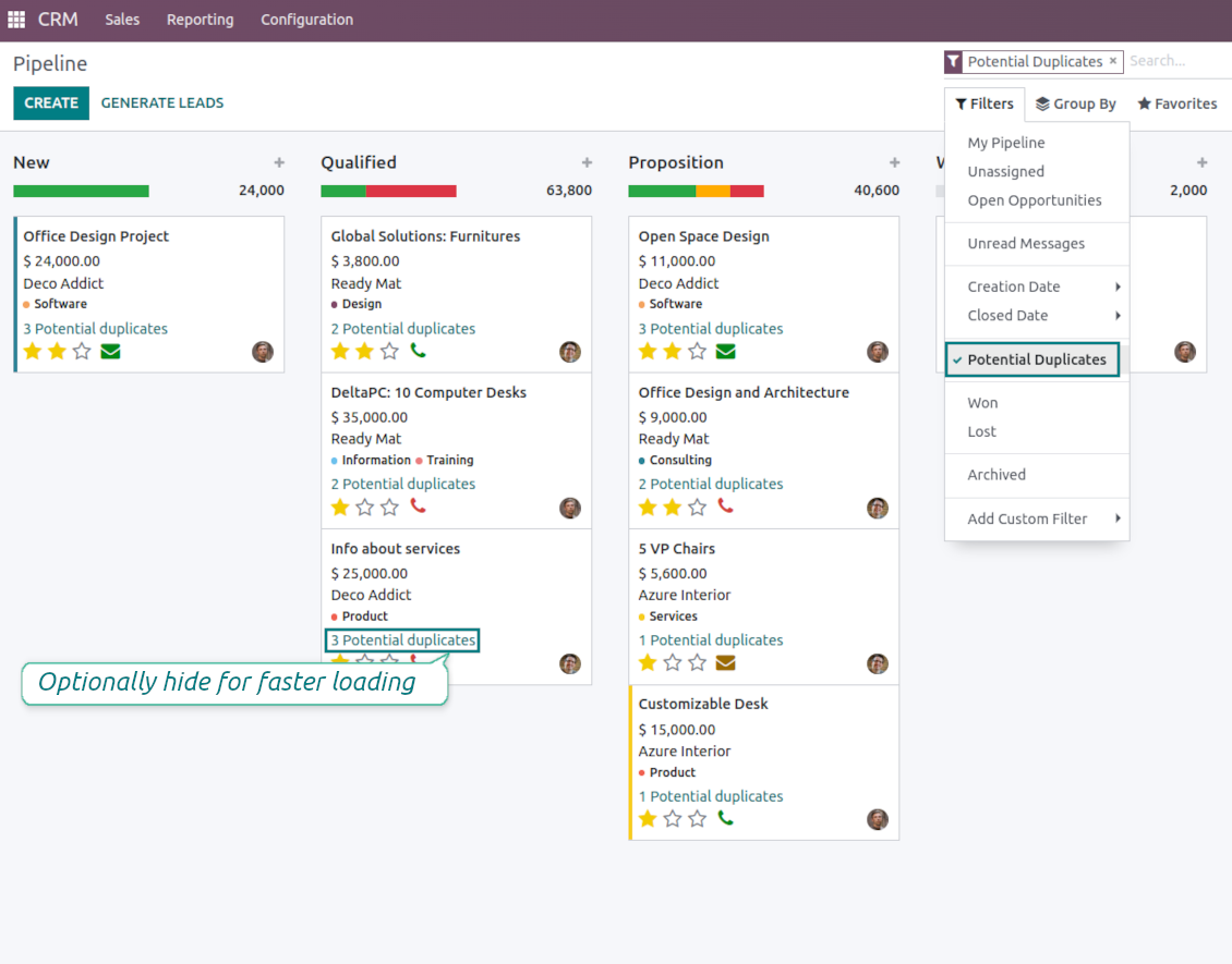 Lead duplicates: the kanban and the filter