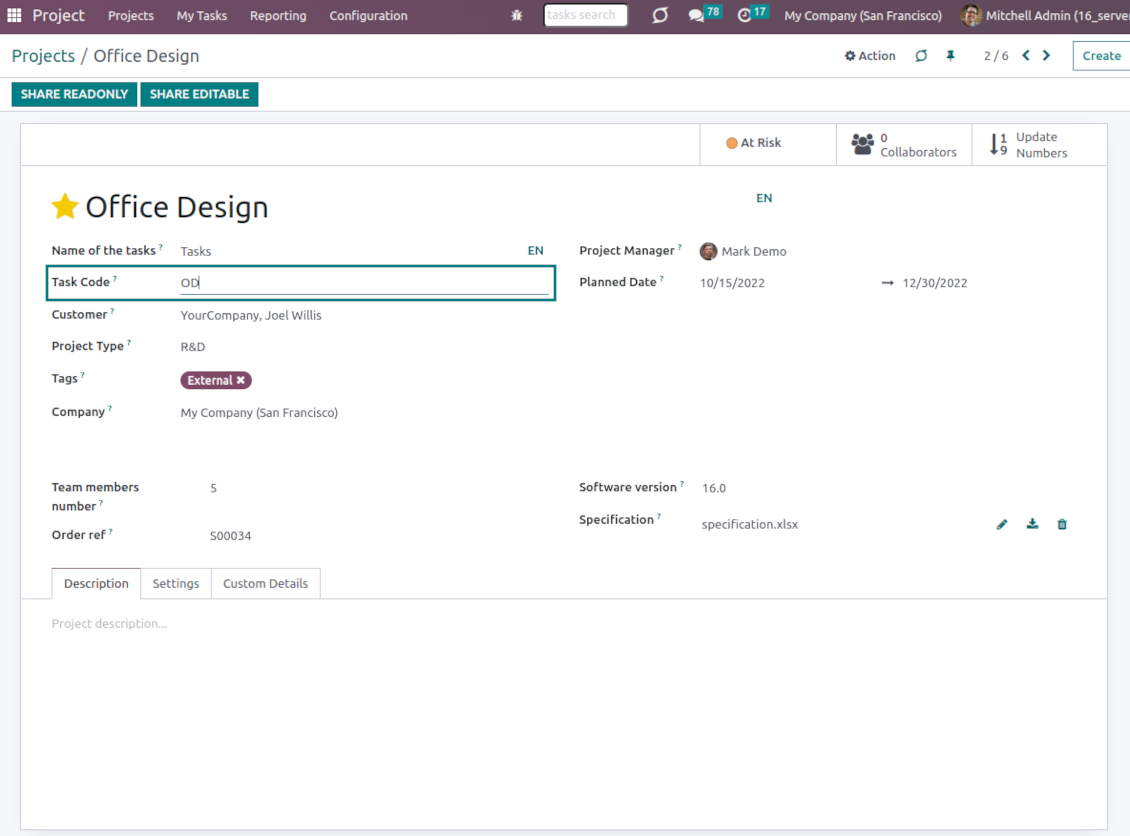Project code in tasks' sequence