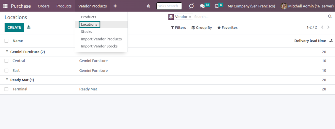 The list of Odoo supplier locations
