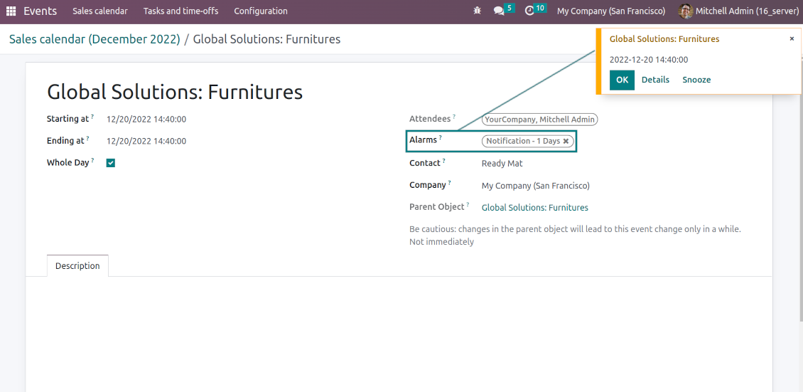 Popups and email alarms for Odoo objects