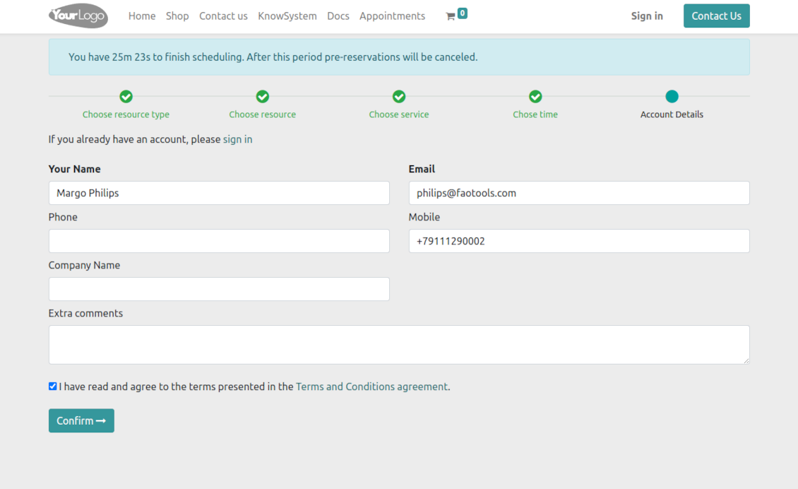 Odoo reservation contact details