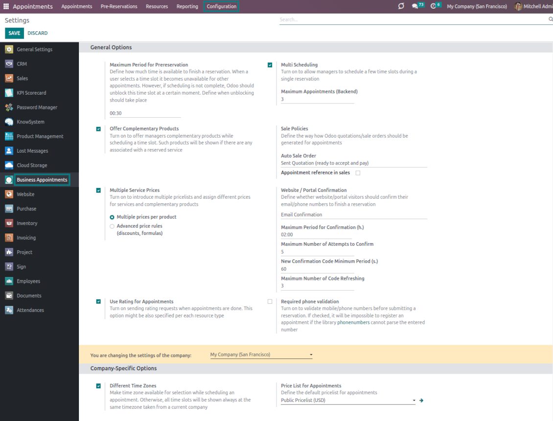 Configuration page: main options