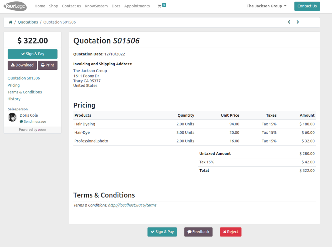 Service sales order in Odoo's portal