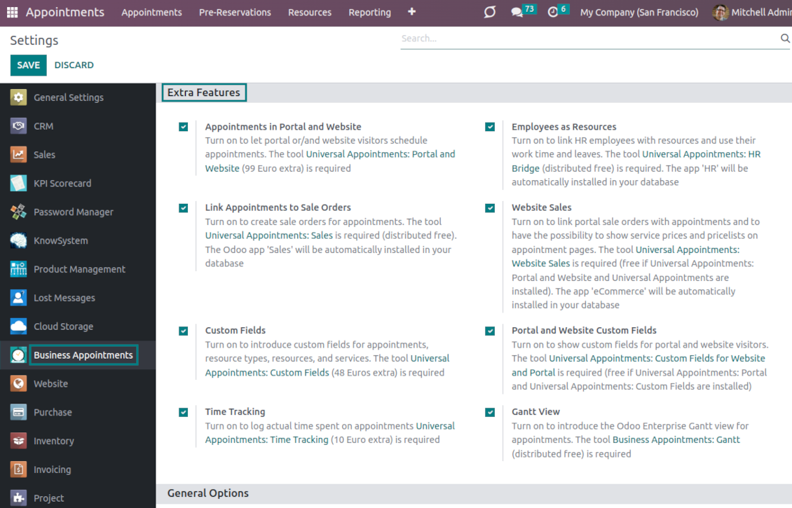 Configuration page: Odoo extra add-ons