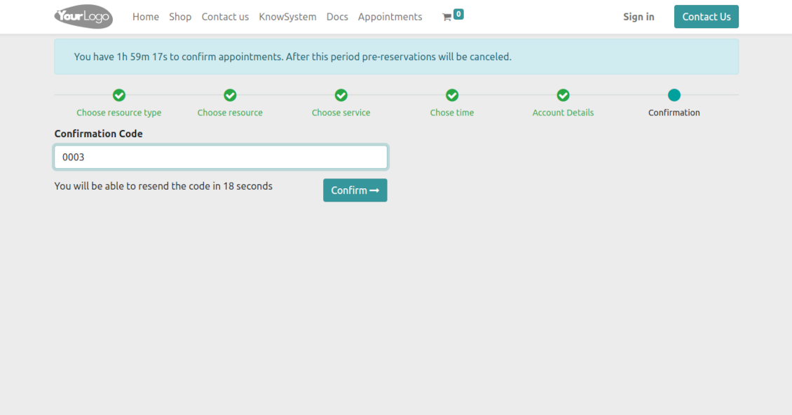 Confirmation code email to schedule an appointment