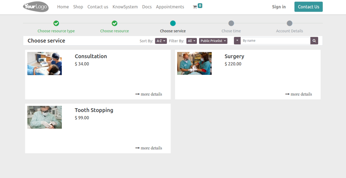 Website service reservation page