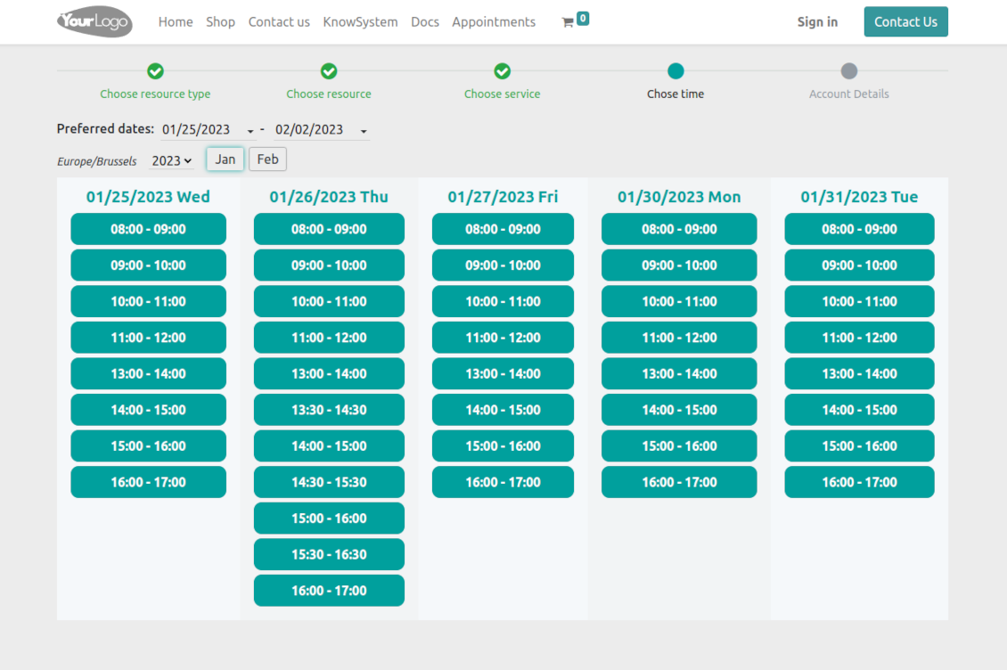 Website time slot booking page