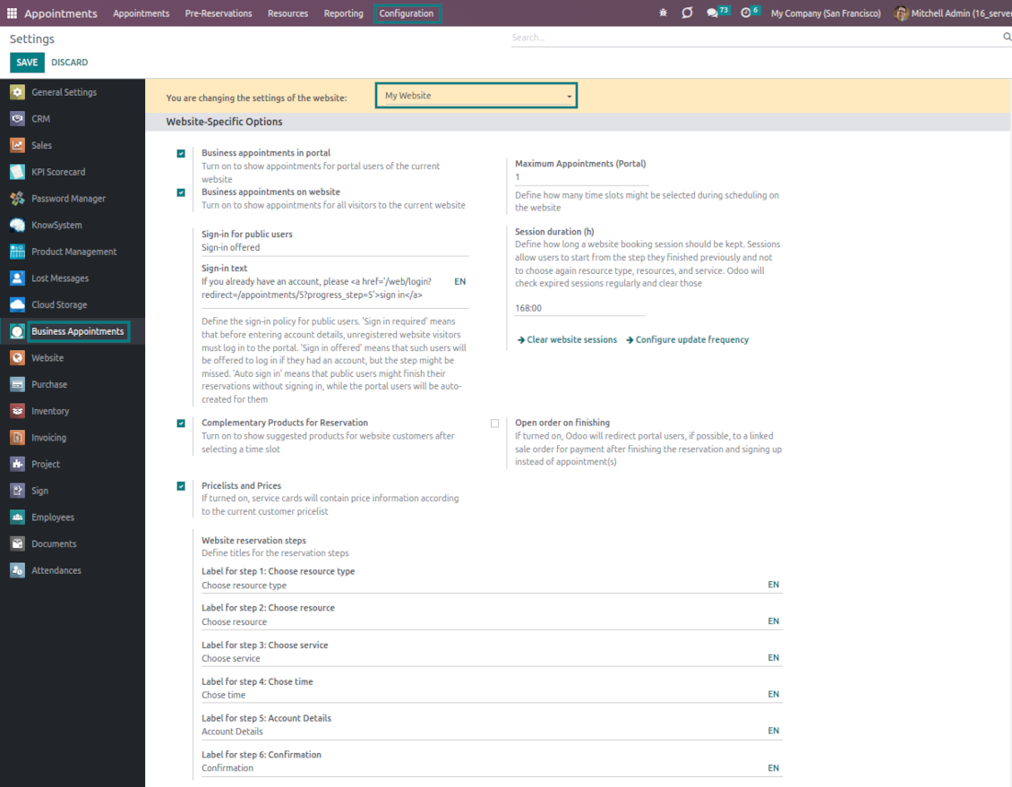 Configuration page: website-specific options (part 1)